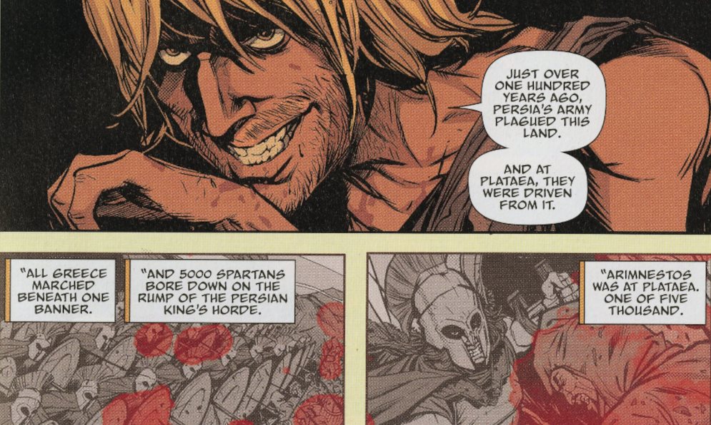 Three panels from Kieron Gillen's graphic novel 'Three'