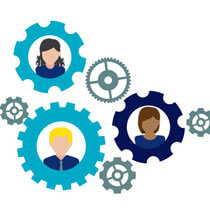 Three silhouette's of people inside a cogg.