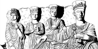 A black line drawing of a banquet.