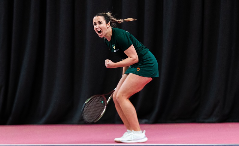 Tennis player celebrates a winning point
