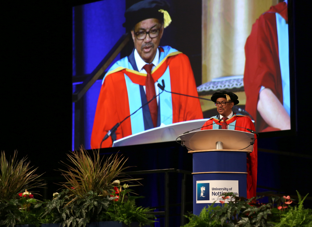 Dr Tedros delivering a speech at a graduation ceremony