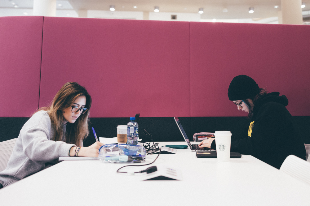 Two students working on opposite sides of a desk