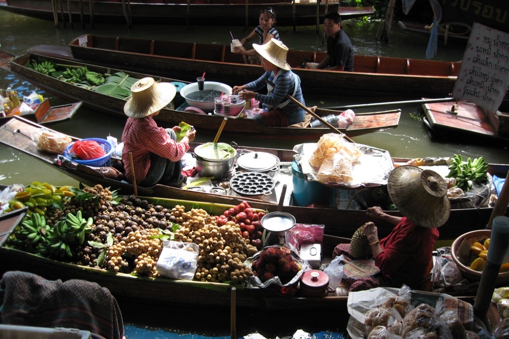 Aerial view of a floating market in Thailand.