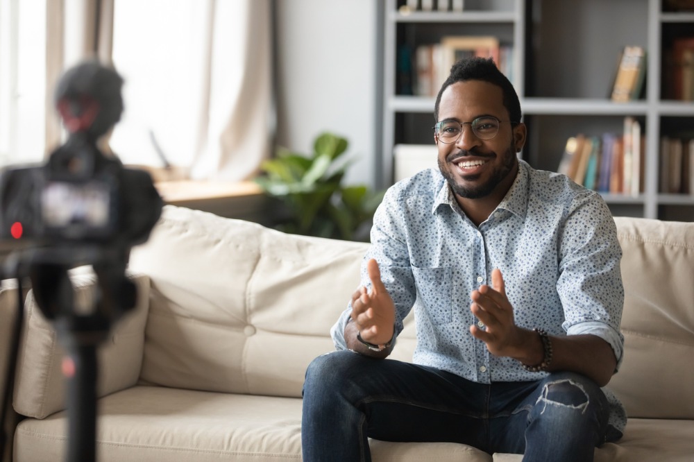 A man recording educational video webinar