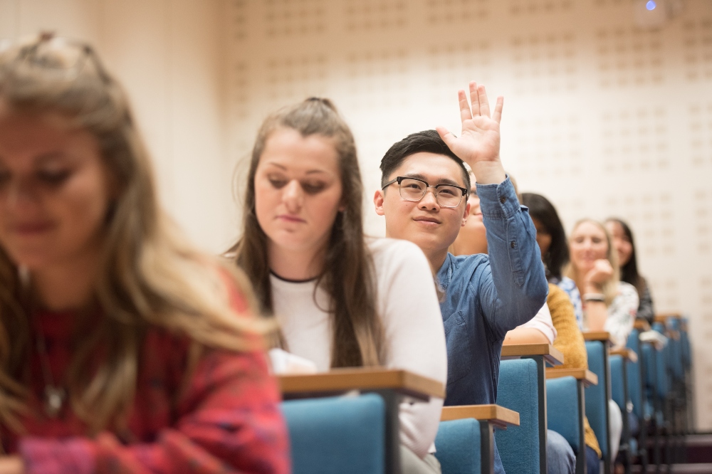 A male student raising his hand in classroom