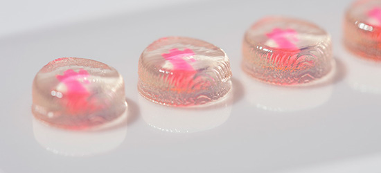 A row of 3D printed polypills created at the University of Nottingham