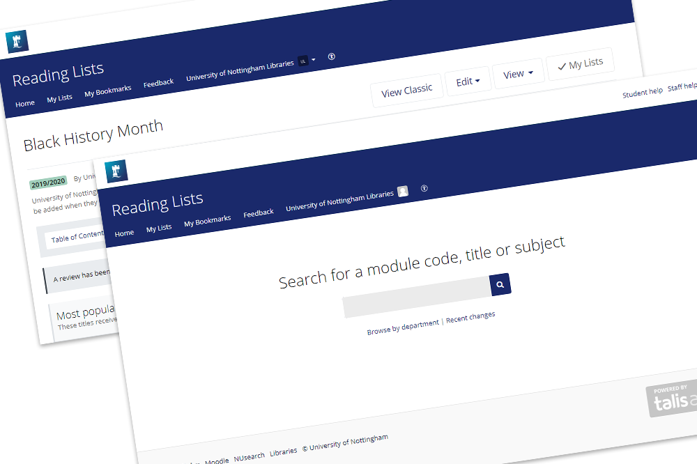 Screenshots of the reading list homepage