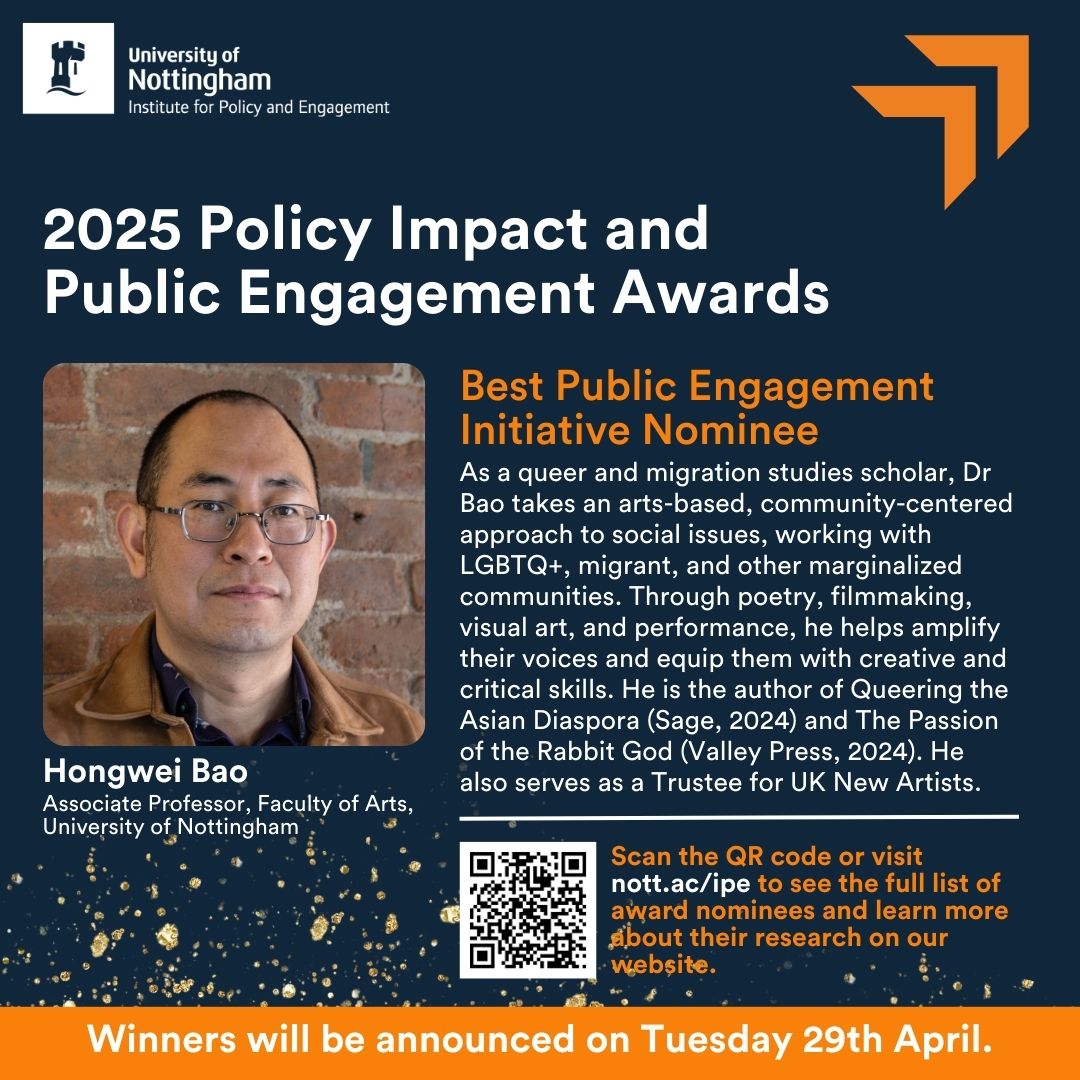 A blue Institute Award banner, Best Public Engagement Initiative category. The banner has the headshot of Hongwei Bao and their bio