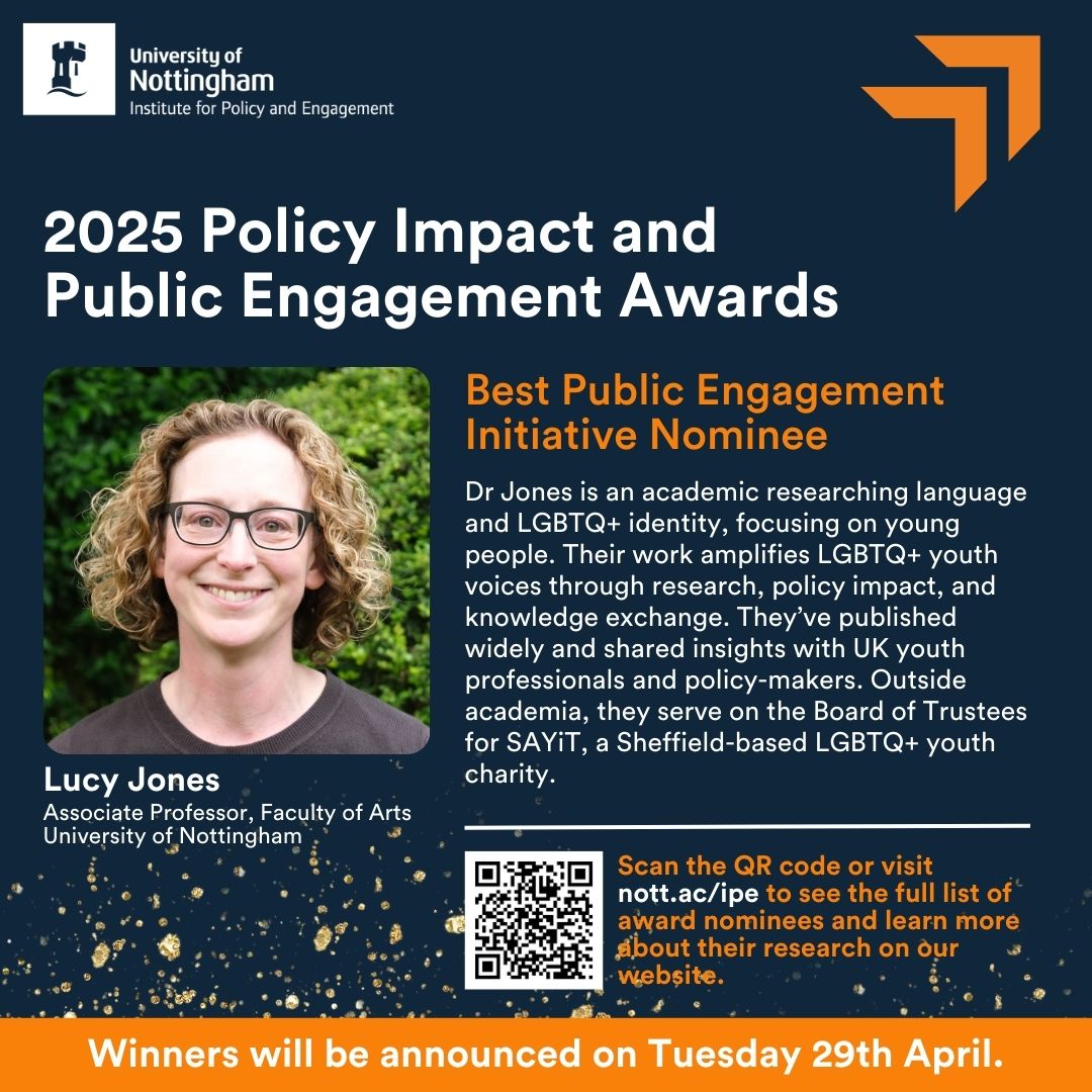 A blue Institute Award banner, Best Public Engagement Initiative category. The banner has the headshot of Lucy Jones and their bio