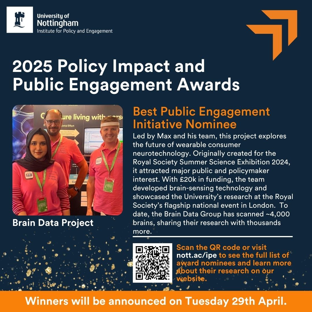A blue Institute Award banner, Best Public Engagement Initiative category. The banner has the headshots of the Brain Data Project team and their bio