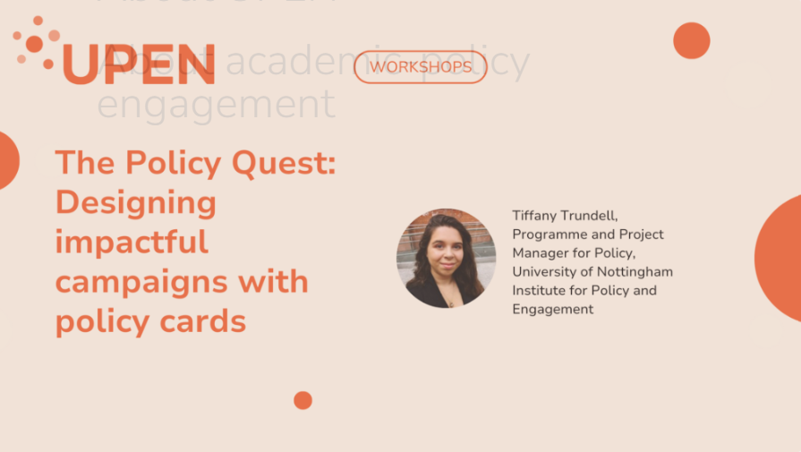 Headshot of Tiffany Trundell, with text description that reads: The Policy Question: Designing impactful campaigns with policy cards