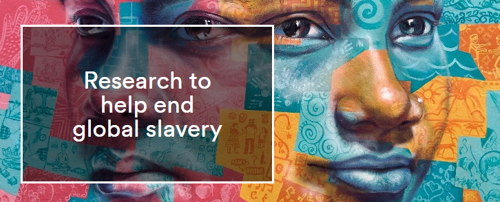 A blue, yellow and red artwork showing two faces. It has an inscription "Research to help end global slavery"
