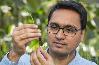 Headshot photograph of a person holding and inspecting a green plant